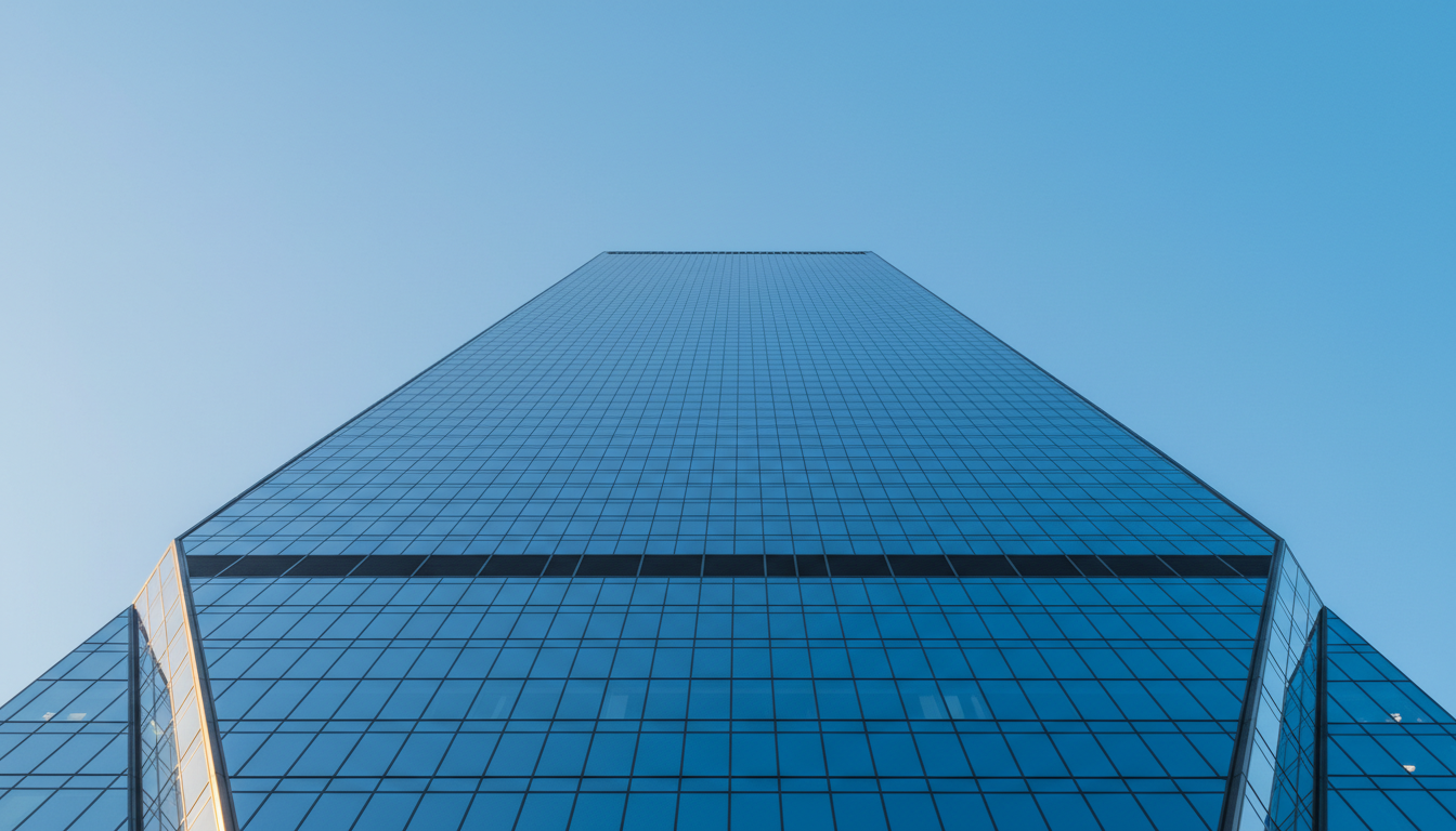 Modern glass architecture reflecting blue sky